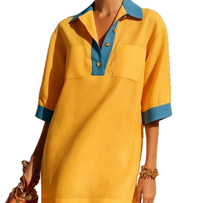 Women's Summer Elegant Contras - Casual Loose Linen Shirt Dress ulasan dan harga