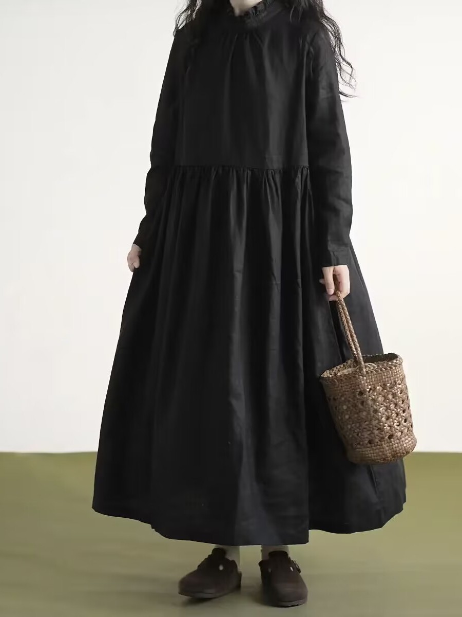 Black Lace Collar Long Sleeve  - Casual Loose Linen Shirt Dress ulasan dan harga