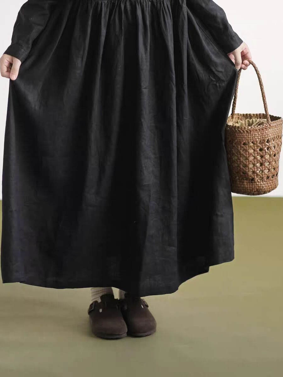 Black Lace Collar Long Sleeve  - Casual Loose Linen Shirt Dress ulasan dan harga