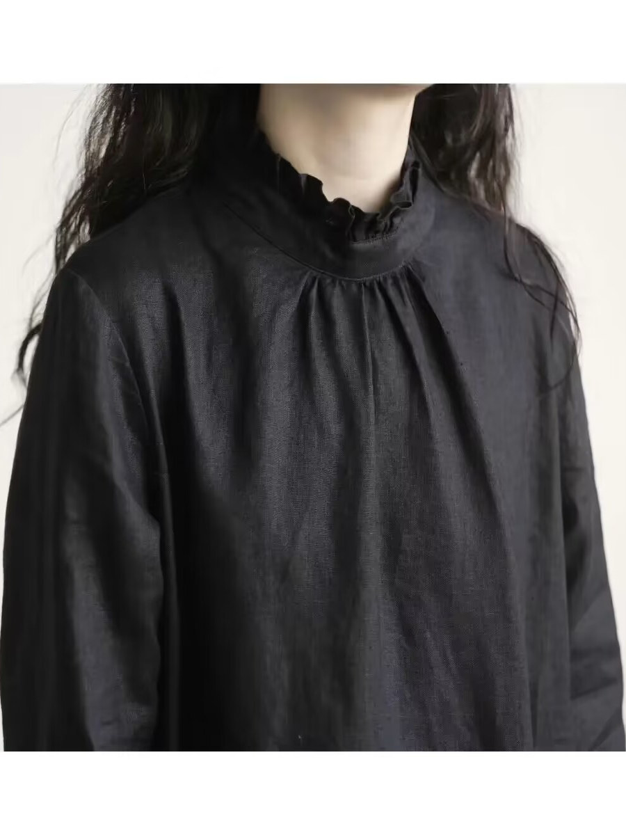 Black Lace Collar Long Sleeve  - Casual Loose Linen Shirt Dress ulasan dan harga