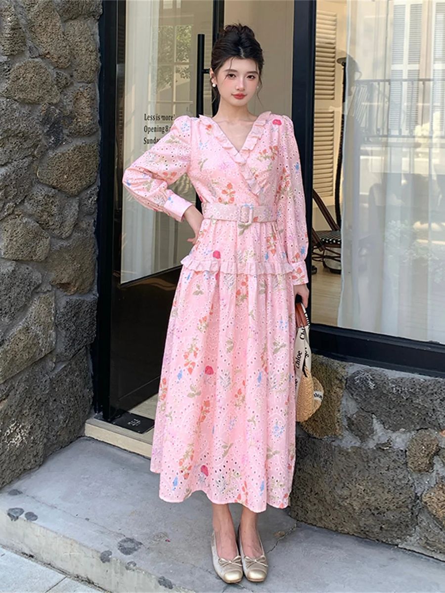 French Romantic Style Lantern  - French Vintage Floral Midi Dress ulasan dan harga
