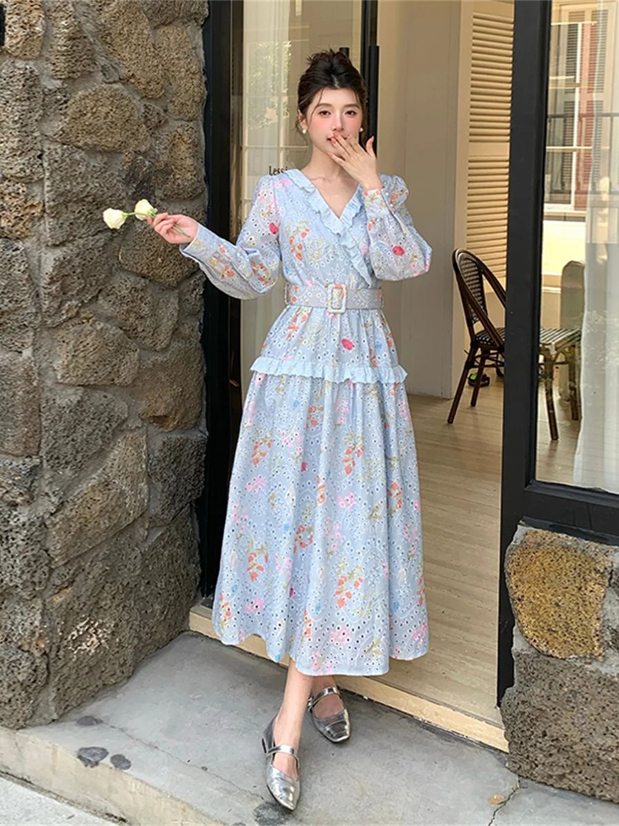French Romantic Style Lantern  - French Vintage Floral Midi Dress ulasan dan harga