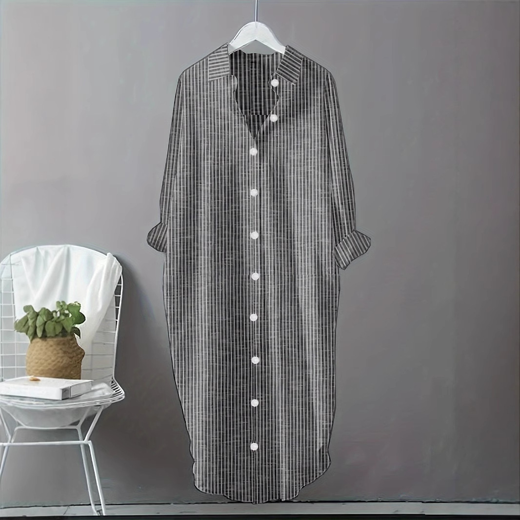 Vintage Cotton Linen Striped S - Casual Loose Linen Shirt Dress ulasan dan harga