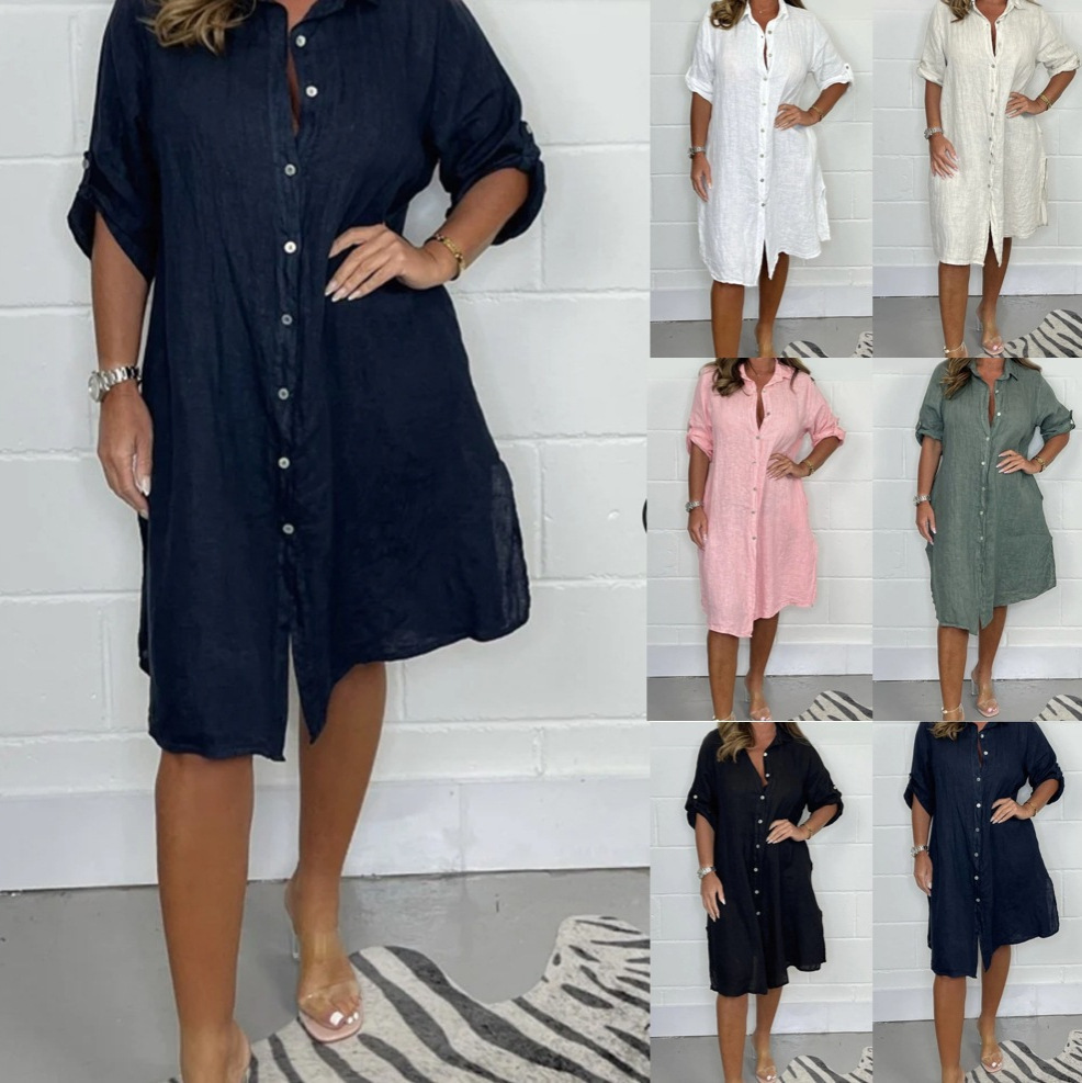 Spring Summer Linen 3/4 Sleeve - Casual Loose Linen Shirt Dress ulasan dan harga