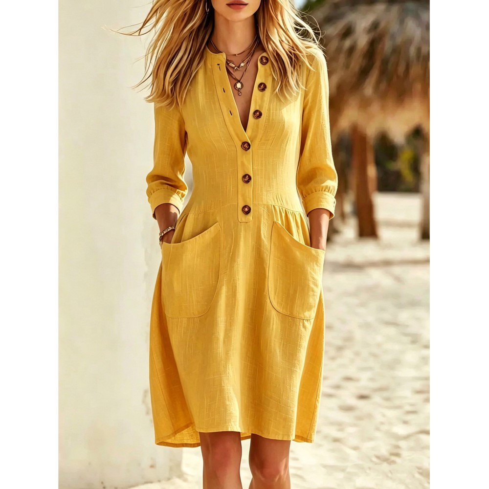 Fashion Imitation Buttons Line - Casual Loose Linen Shirt Dress ulasan dan harga