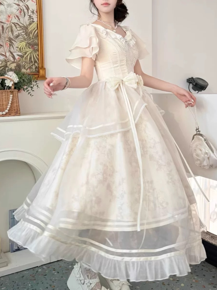 Forest Style Sweet Vintage Bow - French Vintage Floral Midi Dress ulasan dan harga