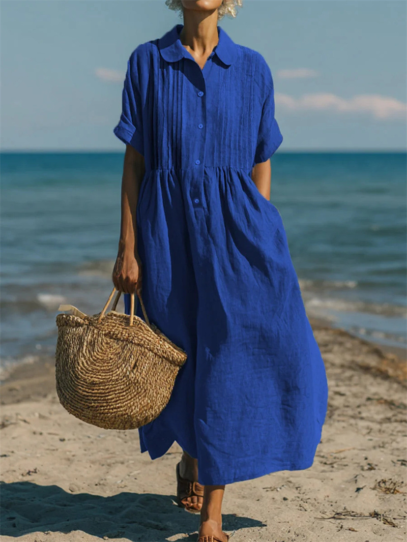 Women Lapel Collar Button Down - Casual Loose Linen Shirt Dress ulasan dan harga