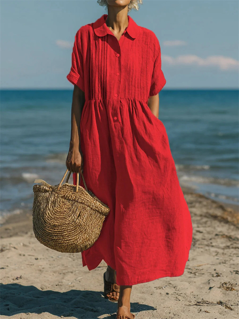 Women Lapel Collar Button Down - Casual Loose Linen Shirt Dress ulasan dan harga