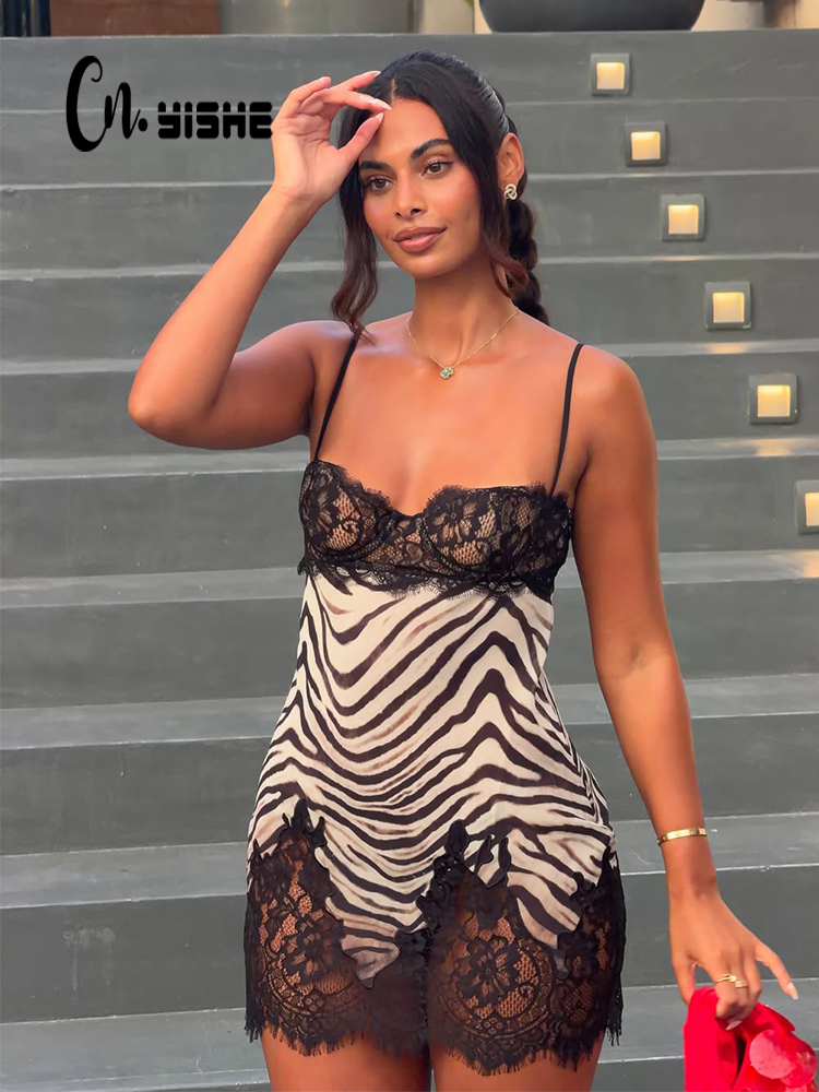 CNYISHE Camisoles Zebra Prints - Sexy Mesh Sheer Bodycon Dress ulasan dan harga