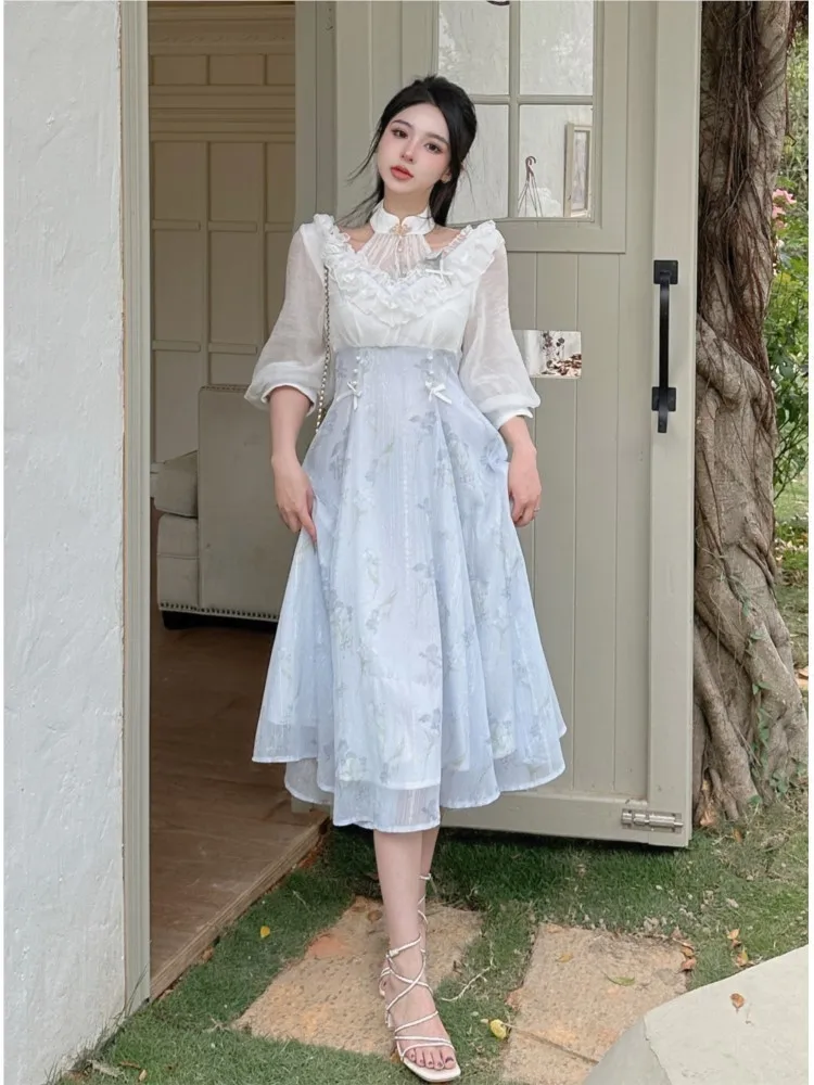 Elelgant Women Summer French V - French Vintage Floral Midi Dress ulasan dan harga