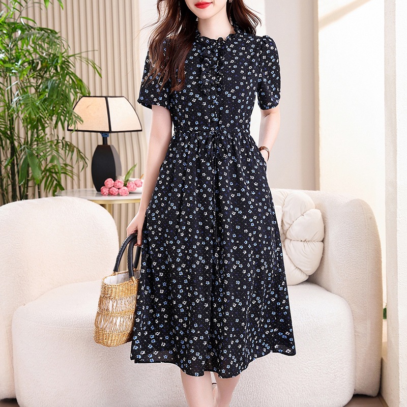 Vintage Navy Blue Floral Print - French Vintage Floral Midi Dress ulasan dan harga