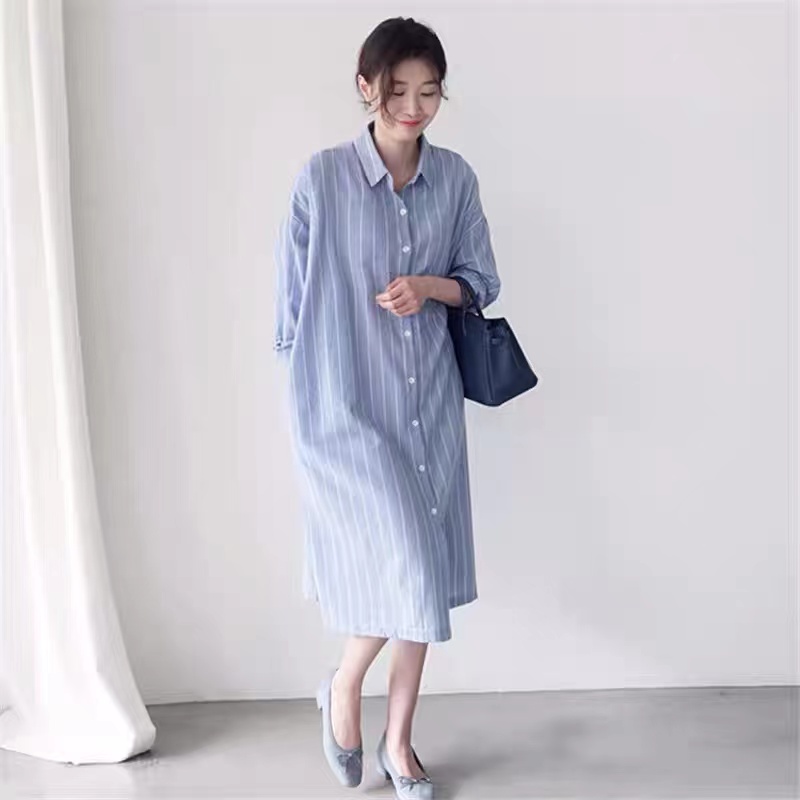 Blue Striped Shirt Dress Women - Korean Style A Line Shirt Dress ulasan dan harga