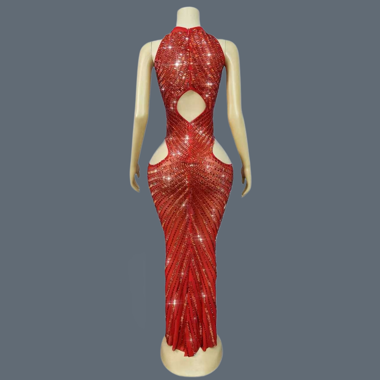 Luxury Red Rhinestone Hollow O - Sparkly Rhinestone Club Party Dress ulasan dan harga