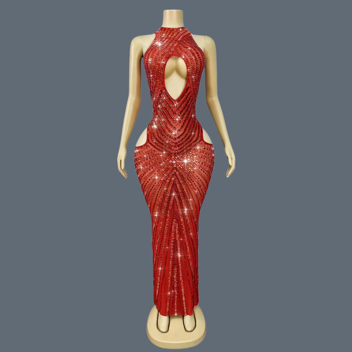 Luxury Red Rhinestone Hollow O - Sparkly Rhinestone Club Party Dress ulasan dan harga